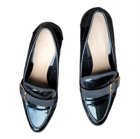 ZARA TRAFALUC Black Patent Buckle Slip On Loafers. - Picture 6 of 8